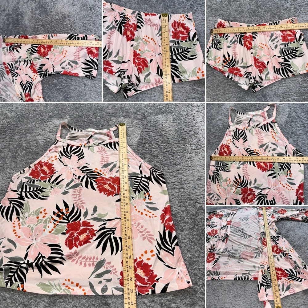 Flora by Flora Nikrooz Pajama Set Large Pink Tropical Floral 3 Piece Tank Shorts - Picture 9 of 10